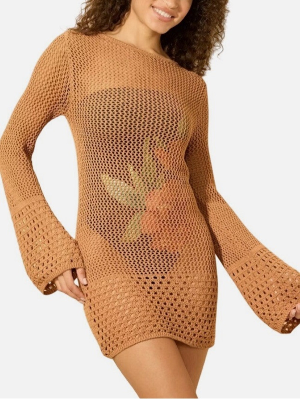 Shade & Shore Tan Crochet Knit Tunic Cover-Up